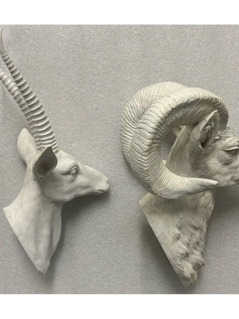 Vintage Pottery Barn White Resin Antelope and Sheep Sculptures Duo Wall Plaques